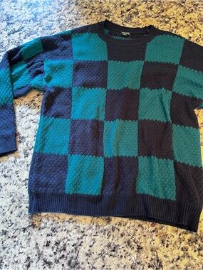 wild fable Teal and Navy Checkerboard Crewneck Sweater